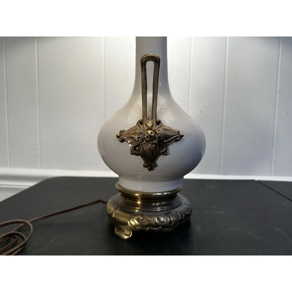 Vintage Tyndale China Table Lamp White Porcelain Brass Tone Ornate Handles Pleat